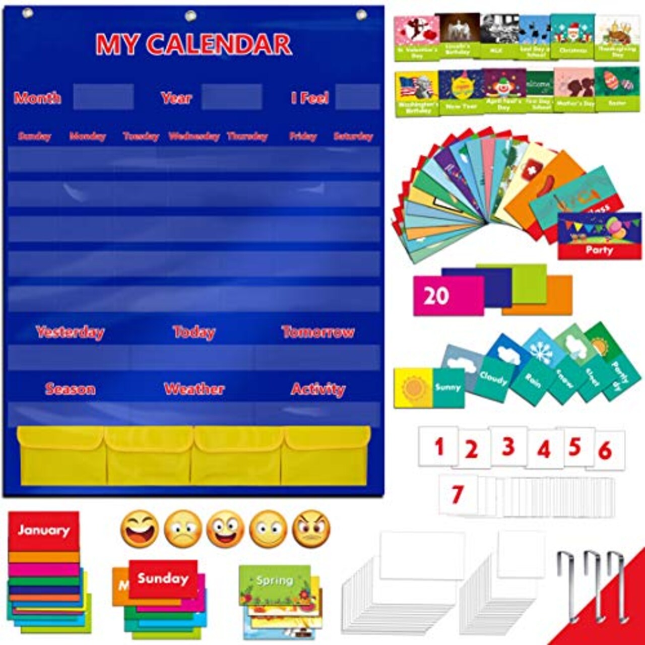 Calendar and Weather Pocket Chart with 148 Cards 108 Illustrated Activity Cards 40 Dry Erasable Flash Cards and 3 Hooks 28 x 35.5 Inches